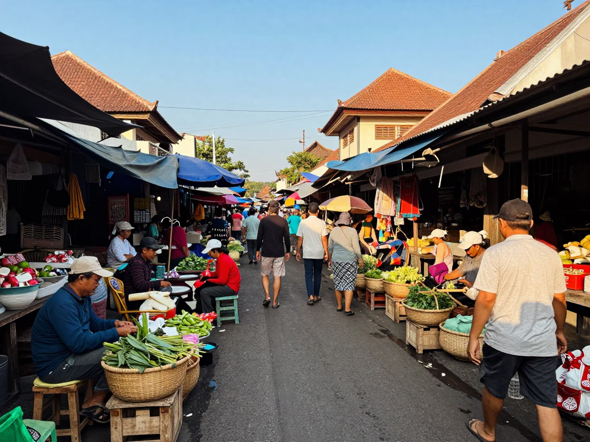 Busy Denpasar Street Scene Late Afternoon Traditional Balinese Market Activity in in Denpasar, Indonesia