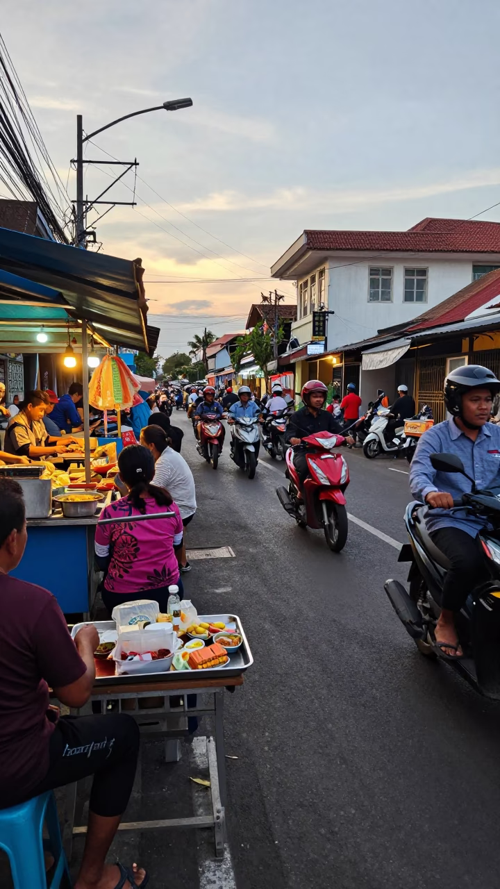 Busy Denpasar Street Scene Late Afternoon with Local Food Vendor and Traffic in in Denpasar, Indonesia