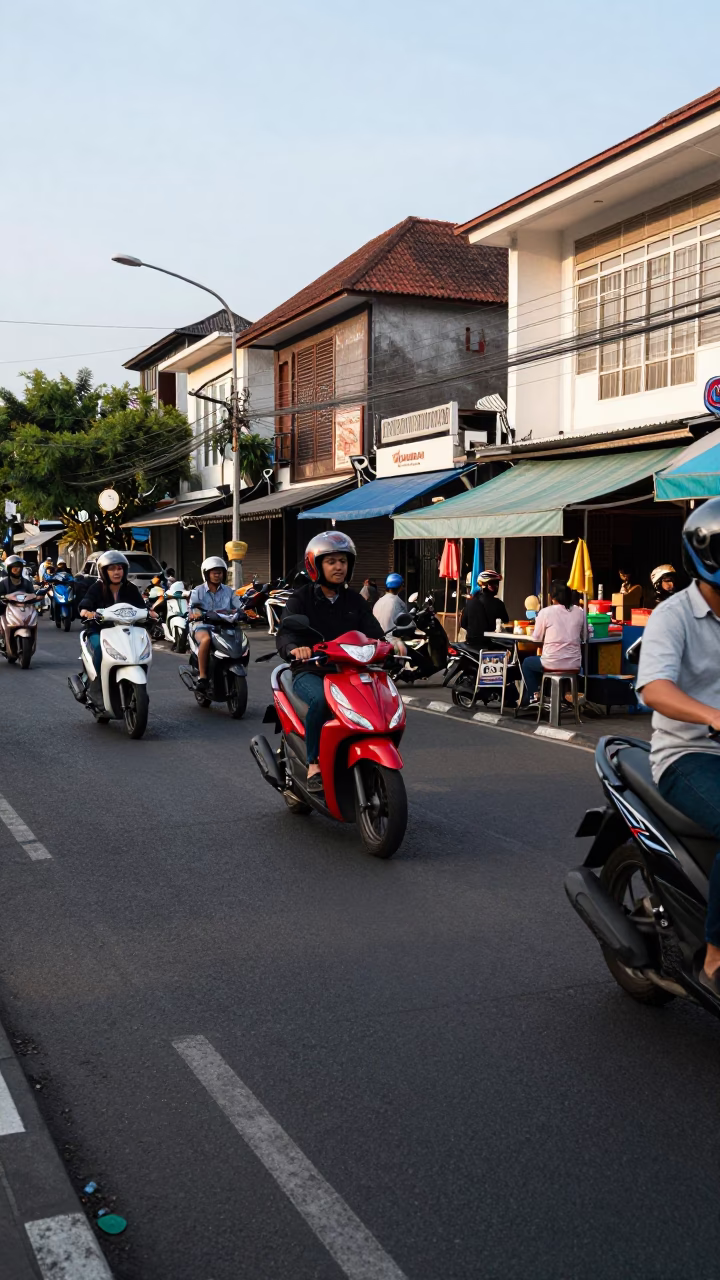 Busy Denpasar Street Scene Late Morning with Scooters and Hanging Plants in in Denpasar, Indonesia