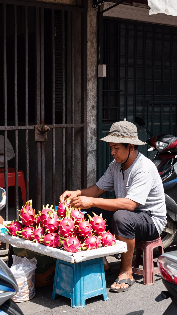 Busy Denpasar Street Scene Midday with Dragon Fruit Vendor and Iron Gate Detail in in Denpasar, Indonesia