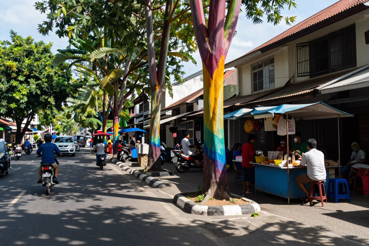 Busy Denpasar Street Scene Midday with Rainbow Eucalyptus and Local Commerce in in Denpasar, Indonesia
