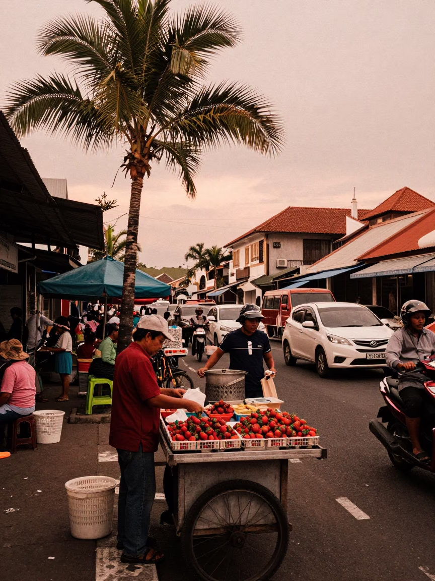 Busy Denpasar Street Scene with Date Palm and Strawberries in Copper Dusk Light in in Denpasar, Indonesia