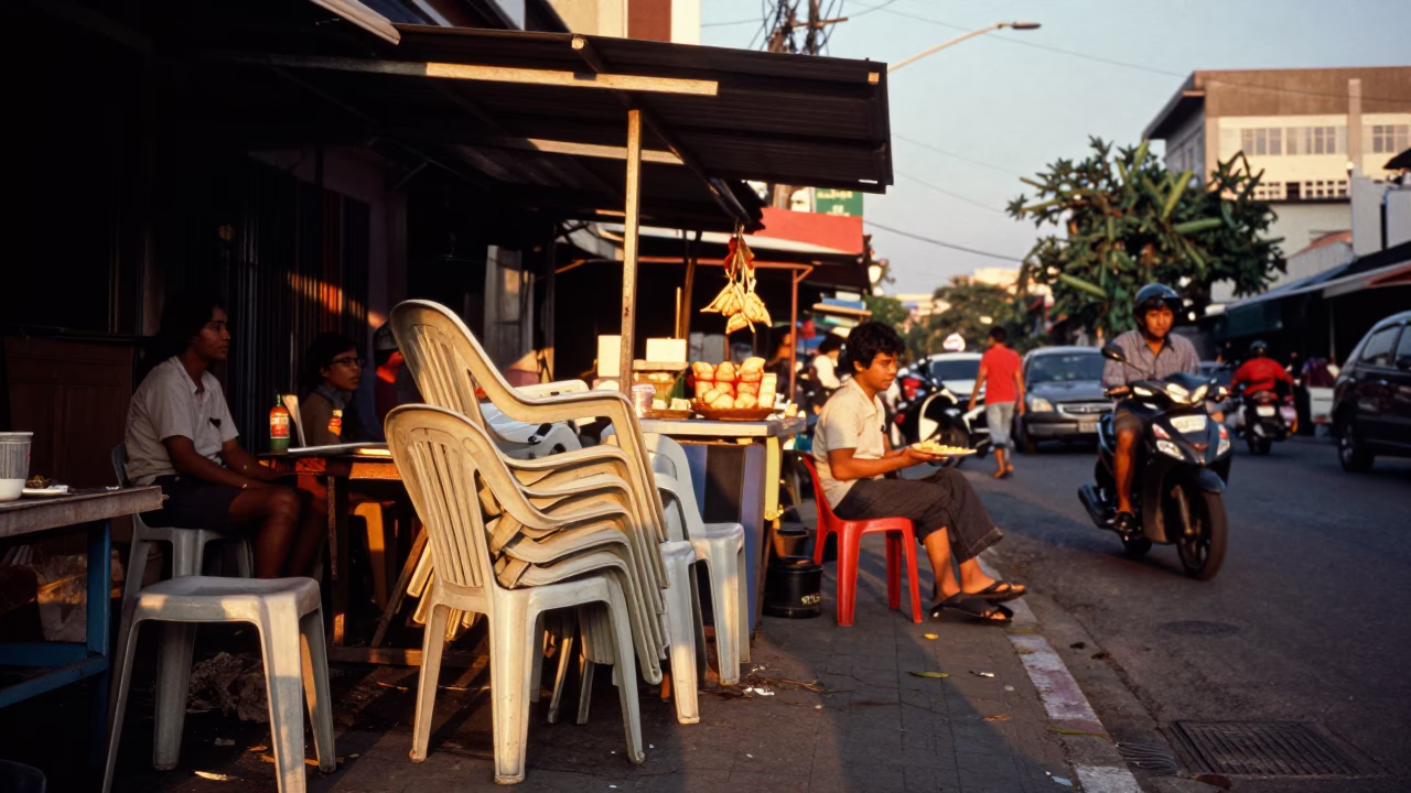 Busy Denpasar Street Scene with Folding Chairs and Empanadas at Golden Hour Before Sunset in in Denpasar, Indonesia