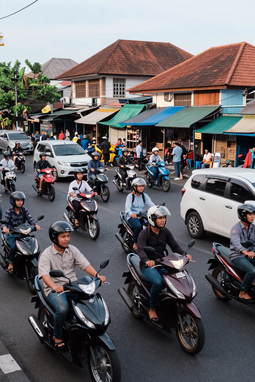 Busy Denpasar Street Scene with Motorbikes and Local Shops in Late Morning Light in in Denpasar, Indonesia