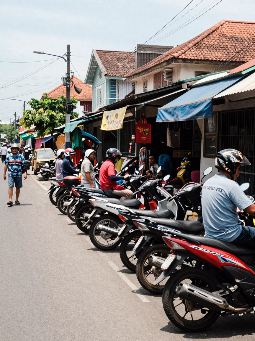 Busy Denpasar Street Scene with Motorbikes and Local Shops Under Noon Sun in in Denpasar, Indonesia