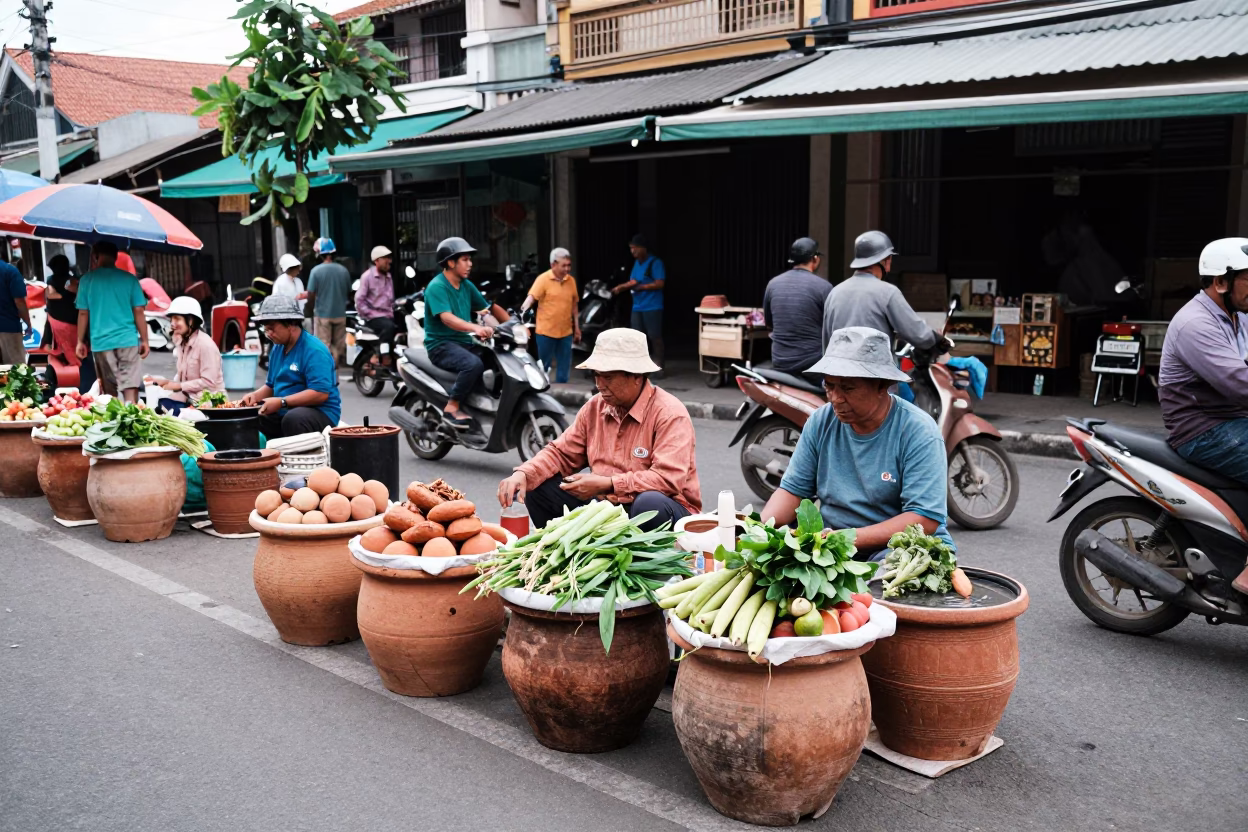 Busy Denpasar street scene with stoneware crocks and clay pots in in Denpasar, Indonesia