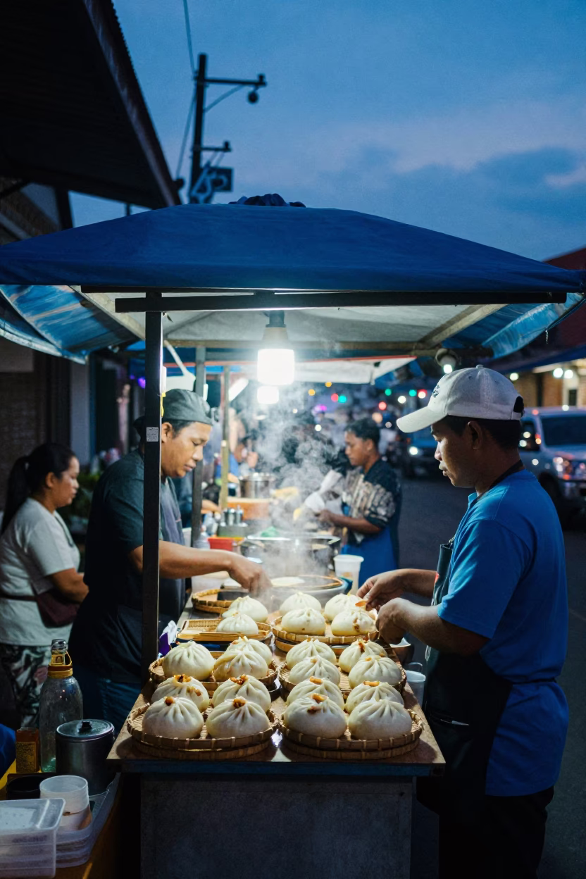 Busy Denpasar Street Stall at Indigo Twilight with Local Food and Scooters in in Denpasar, Indonesia