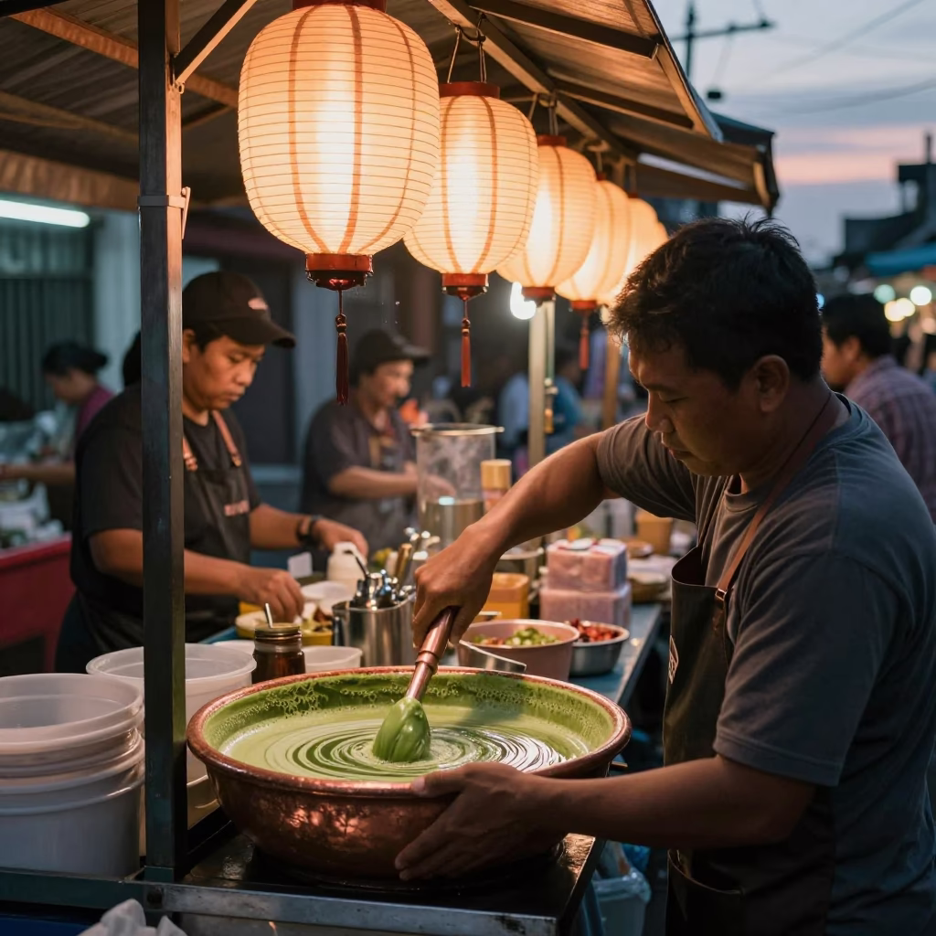 Busy Denpasar Street Stall Before Dusk with Paper Lanterns and Matcha Tea Whisking in in Denpasar, Indonesia