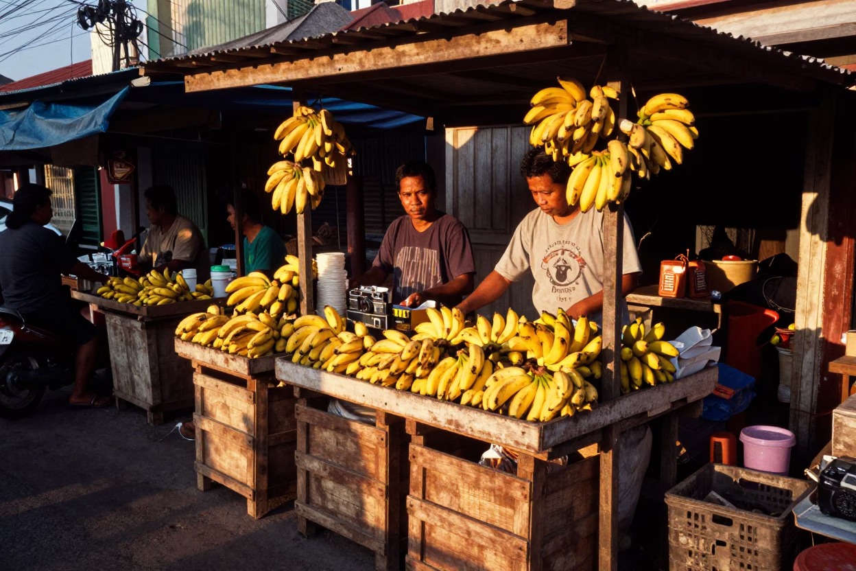Busy Denpasar Street Stall with Bananas and Wicker Shadows in Copper Toned Dusk Light in in Denpasar, Indonesia