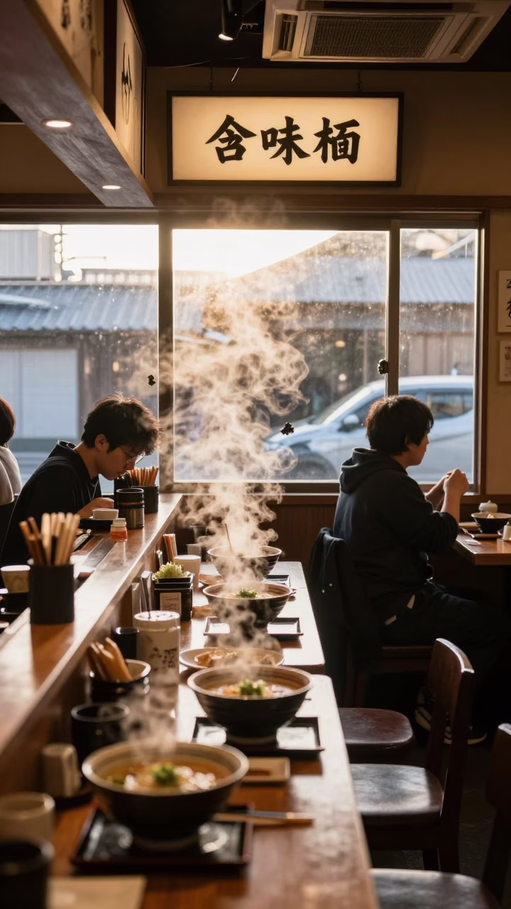 Busy Diner Interior at Dawn in Fukuoka Japan with Steam and Patrons in in Fukuoka, Japan