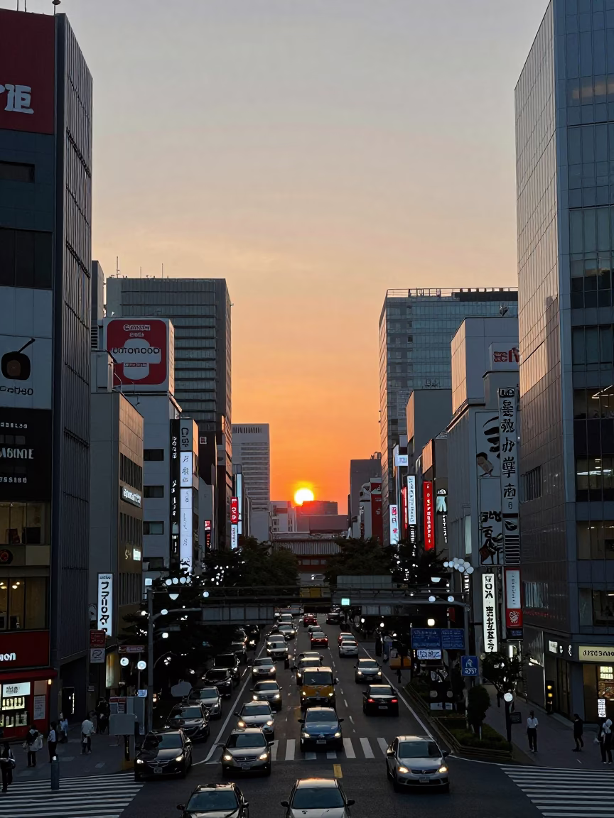 Busy Dotonbori Street Scene in Fukuoka at Sunset with Neon Lights and Crowds in in Fukuoka, Japan
