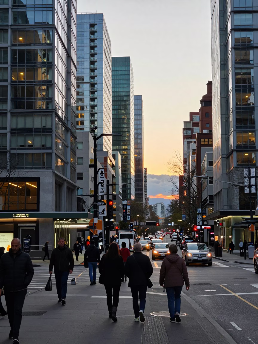 Busy Downtown Vancouver Street Scene at Dawn with Commuters and City Infrastructure in in Vancouver, British Columbia, Canada
