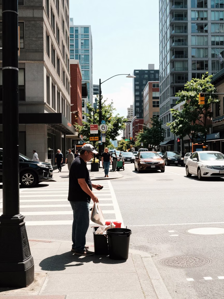 Busy Downtown Vancouver Street Scene Under Flat Noon Glare with Metal Bucket and Kettle in in Vancouver, British Columbia, Canada