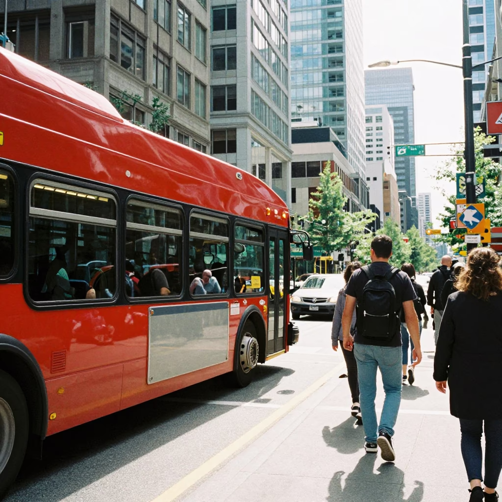 Busy Downtown Vancouver Street Scene with Red Bus and Pedestrians in Bright Midmorning Light in in Vancouver, British Columbia, Canada