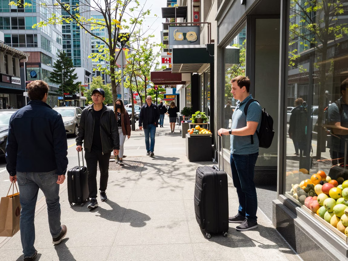 Busy Downtown Vancouver Street Scene with Suitcases and Fruit Crate at Noon in in Vancouver, British Columbia, Canada