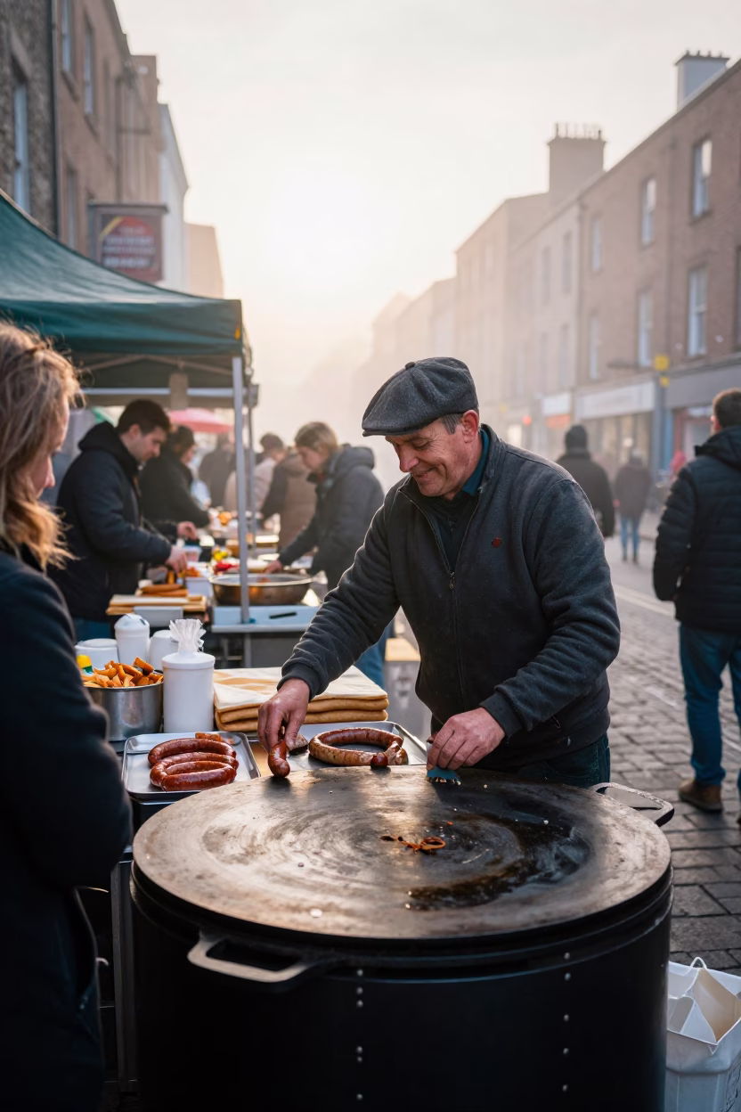 Busy Dublin Breakfast Market Stall Just After Sunrise with Traditional Irish Sausages and Coffee in in Dublin, Ireland