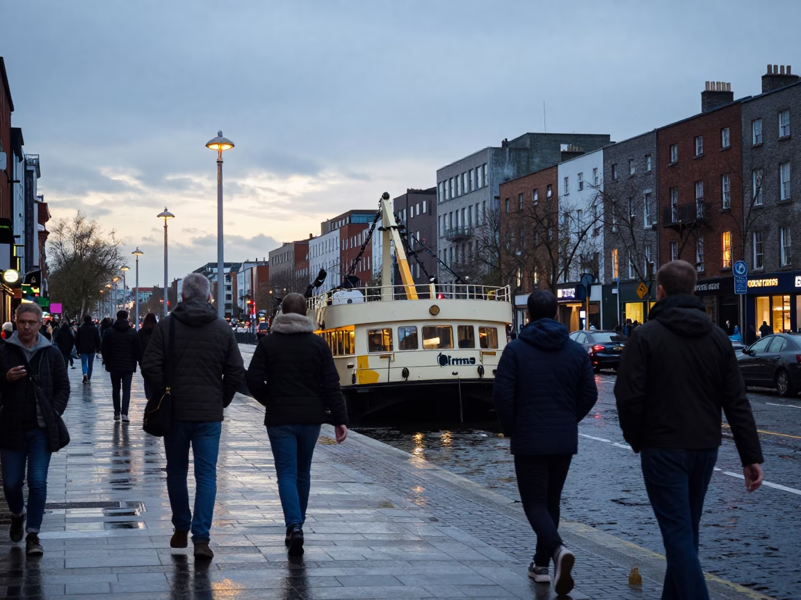 Busy Dublin Evening Street Scene with Chain Ferry Crossing River Liffey in in Dublin, Ireland