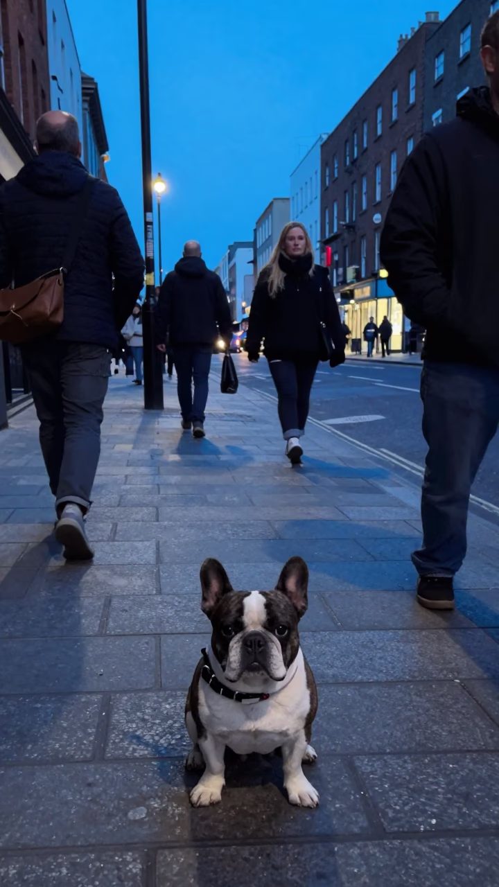 Busy Dublin Evening Street Scene with French Bulldog and Food Stall Under Blue Light in in Dublin, Ireland
