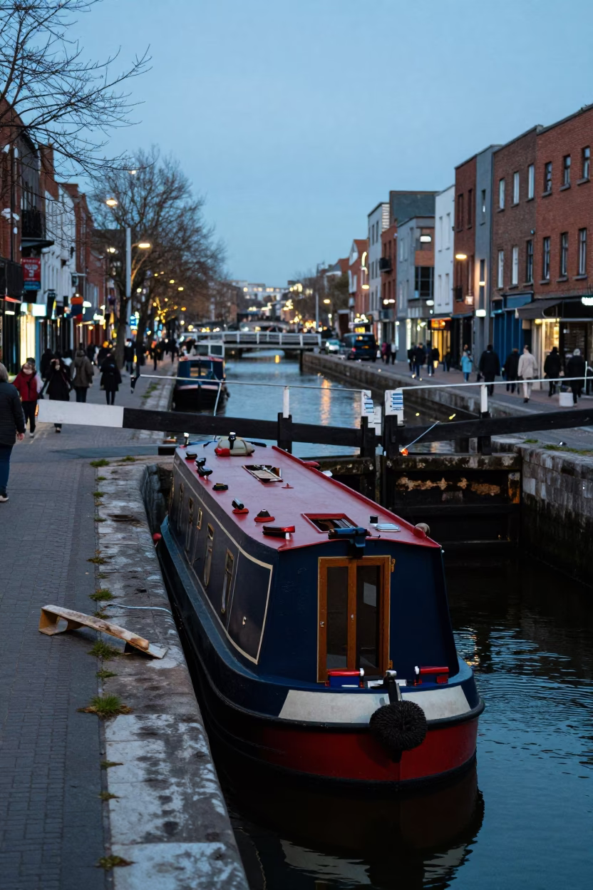 Busy Dublin Evening Street Scene with Narrowboat and Canal Lock in Early Light in in Dublin, Ireland