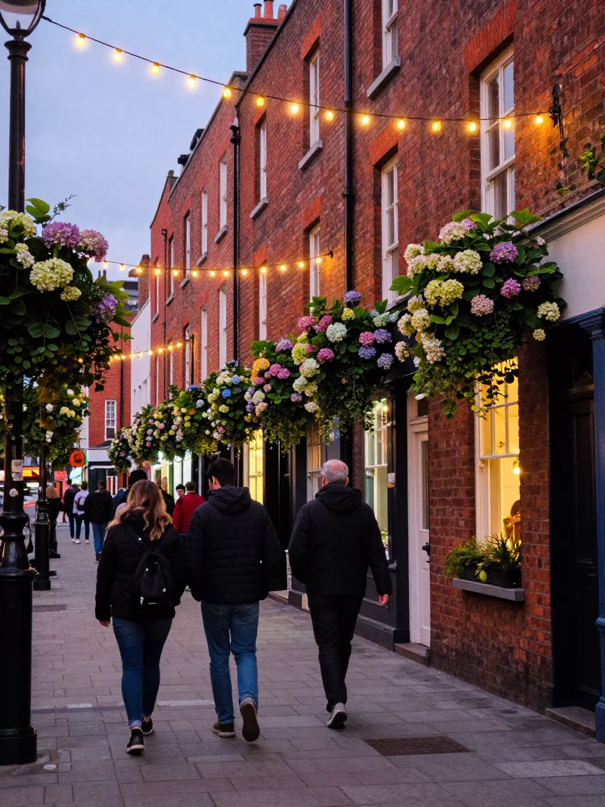 Busy Dublin Evening Street Scene with String Lights and Hydrangeas in Early Twilight in in Dublin, Ireland