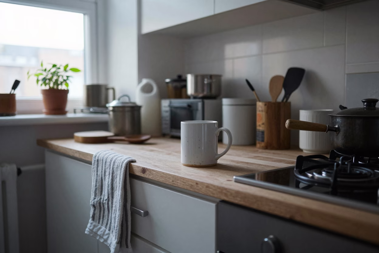 Busy Dublin Kitchen Counter with Mugs and Spatula in Early Morning Light in in Dublin, Ireland