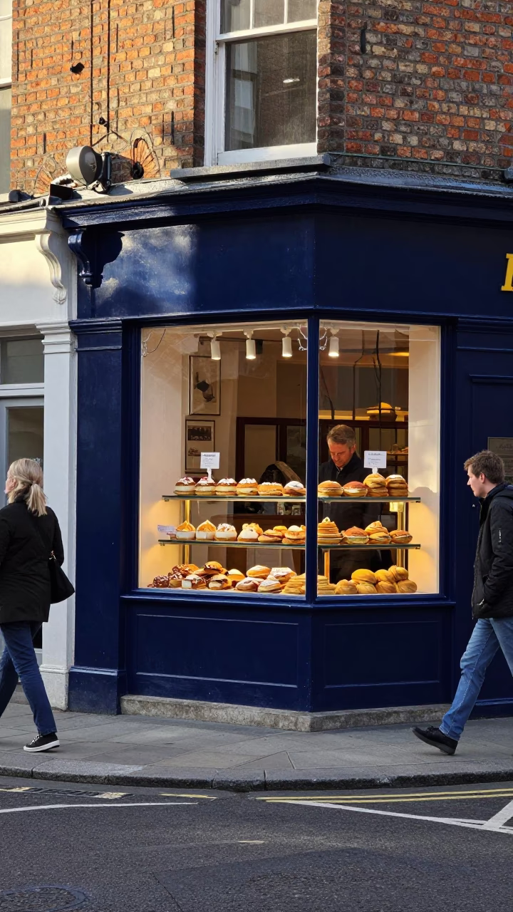 Busy Dublin Late Morning Street Scene with Traditional Pastries and Vintage Alarm Clock in in Dublin, Ireland