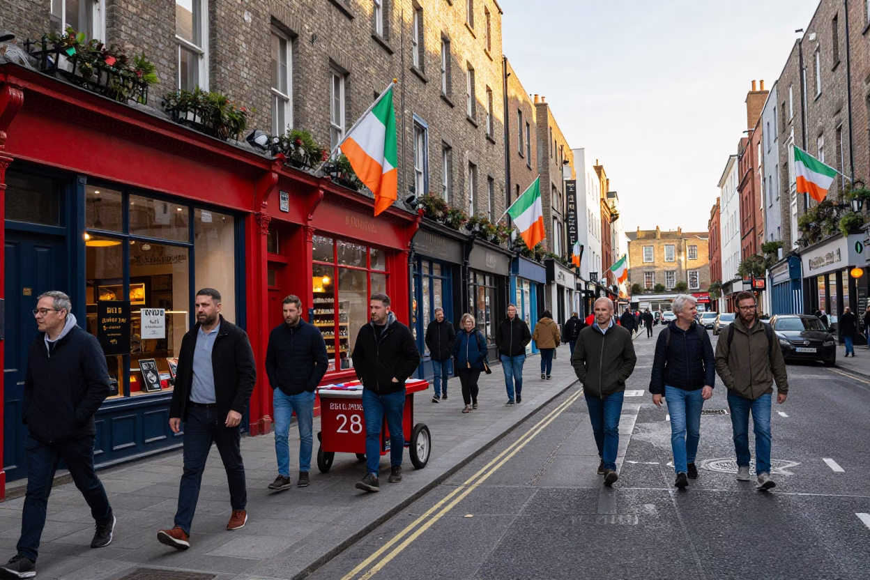 Busy Dublin Late Morning Street Scene with Traditional Red Brick Architecture and Local Pedestrians in in Dublin, Ireland