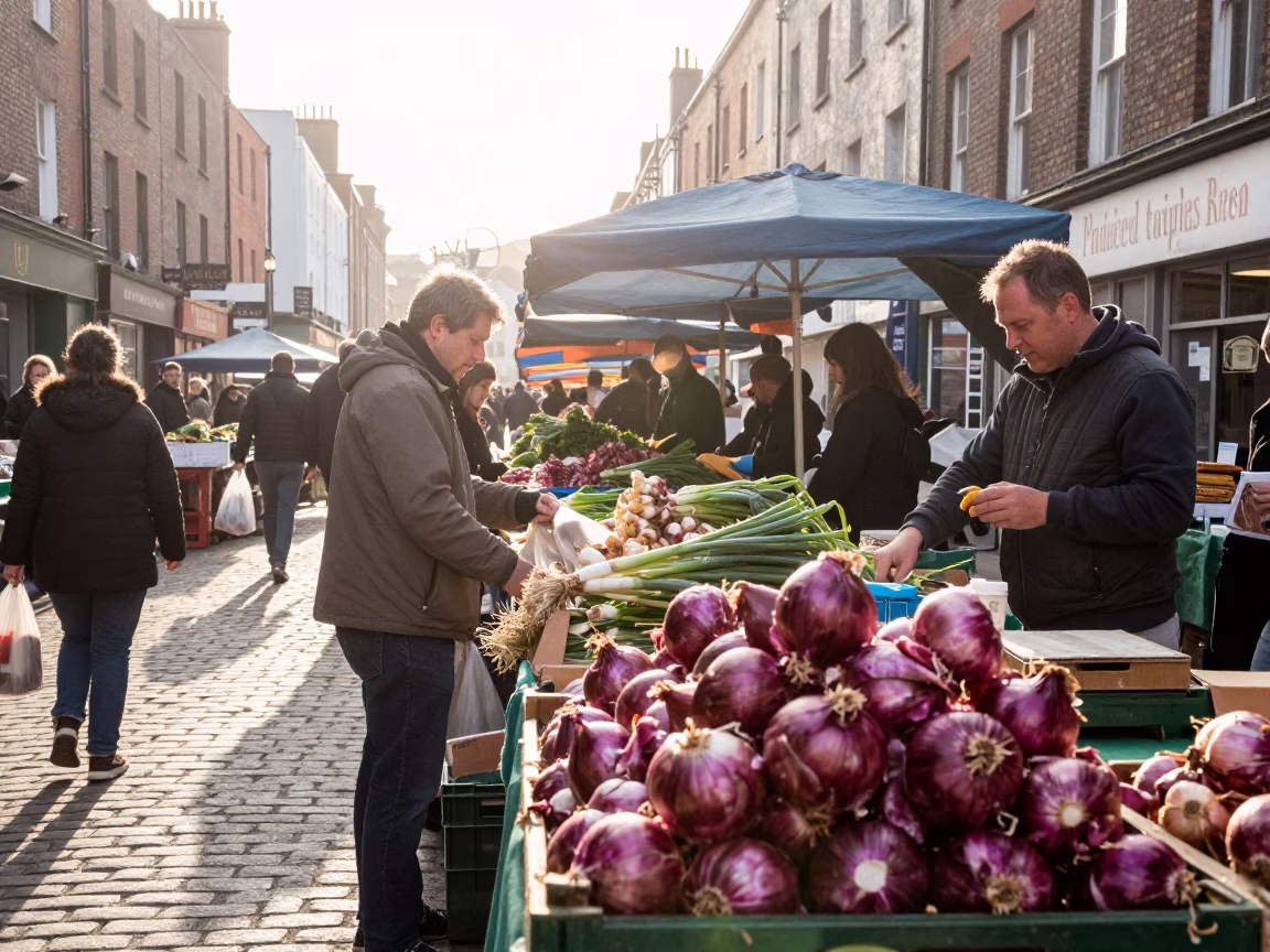 Busy Dublin Morning Market Scene with Fresh Onions and Local Produce in in Dublin, Ireland