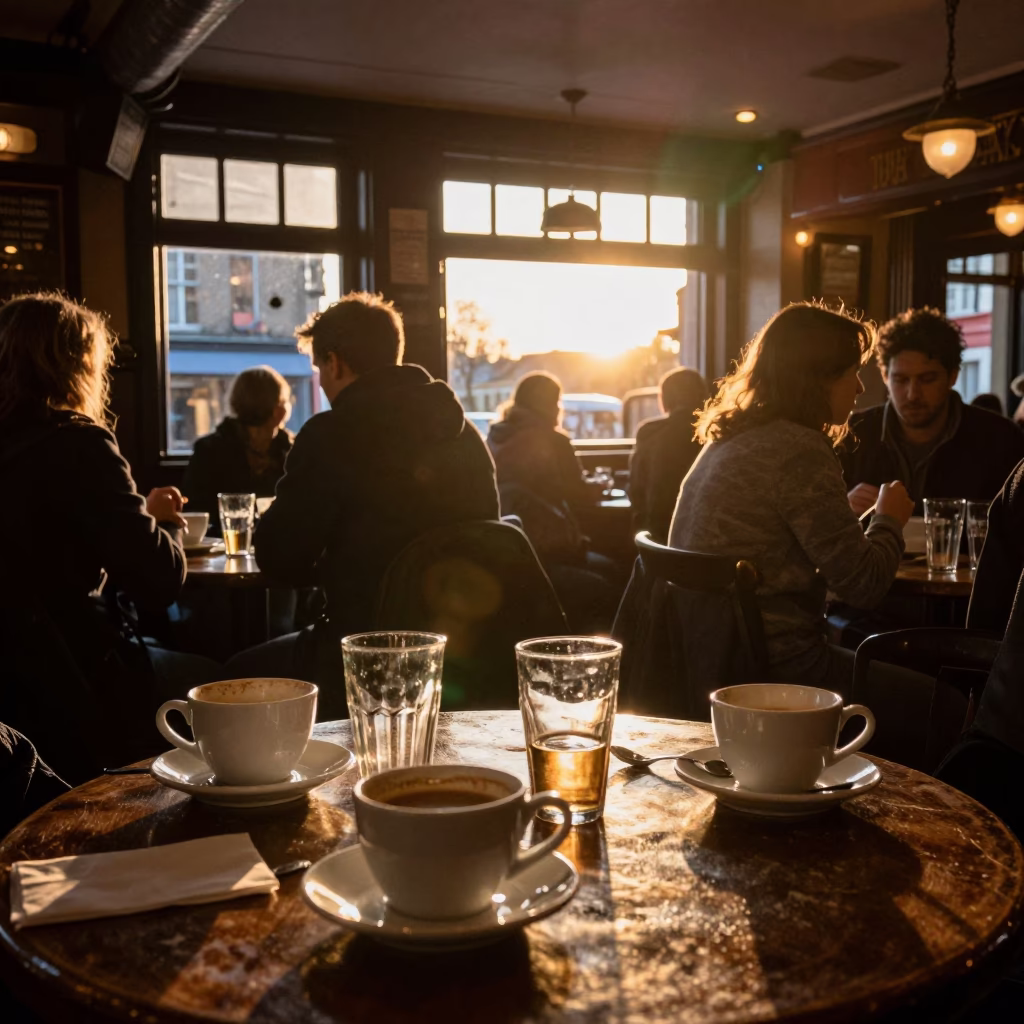 Busy Dublin Pub Interior with Coffee Mugs and Sunlight at Sunset in in Dublin, Ireland