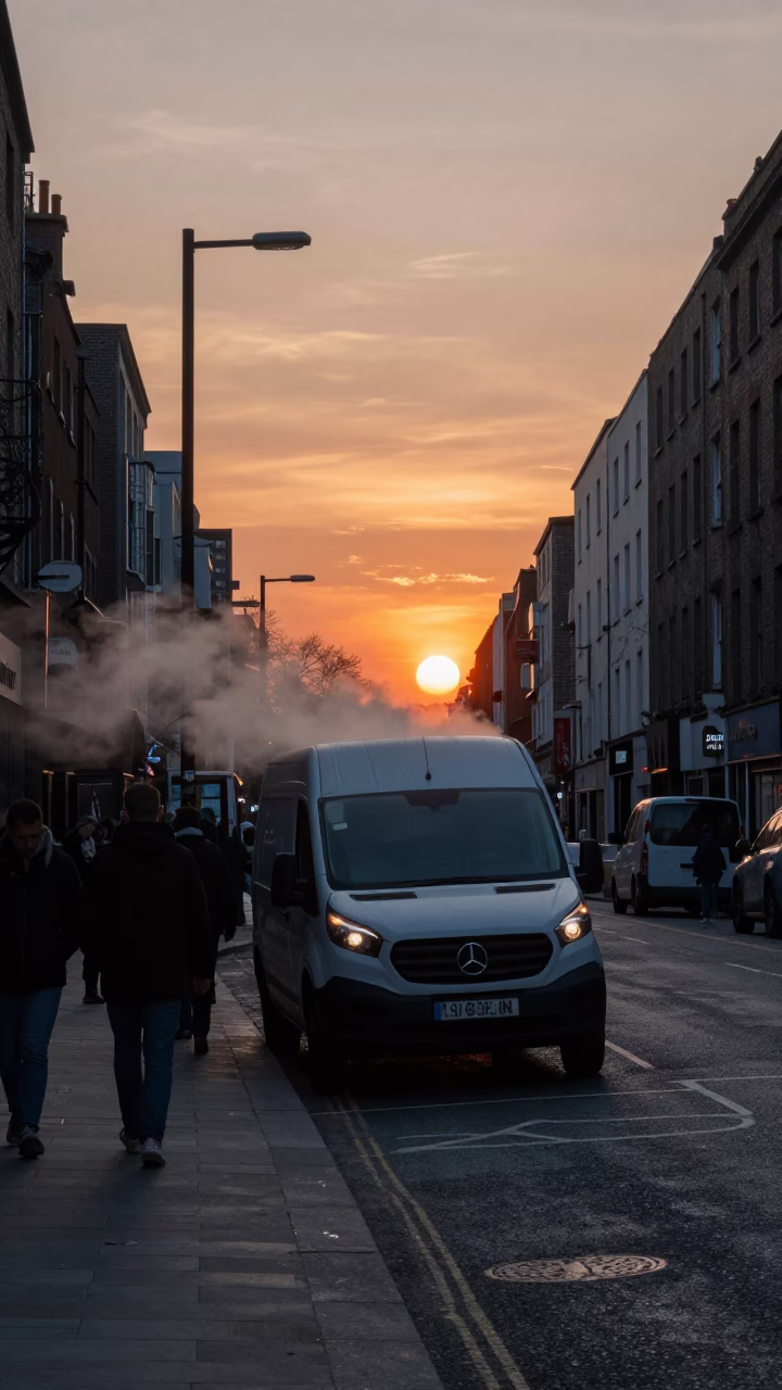 Busy Dublin Street Corner at Dusk with Steam Haze and Casual Pubs in in Dublin, Ireland