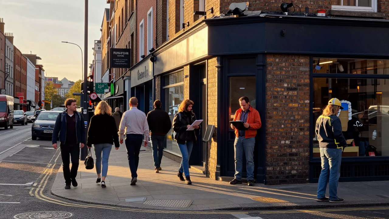 Busy Dublin Street Corner at Golden Hour with Clipboard and Water Bottle in in Dublin, Ireland