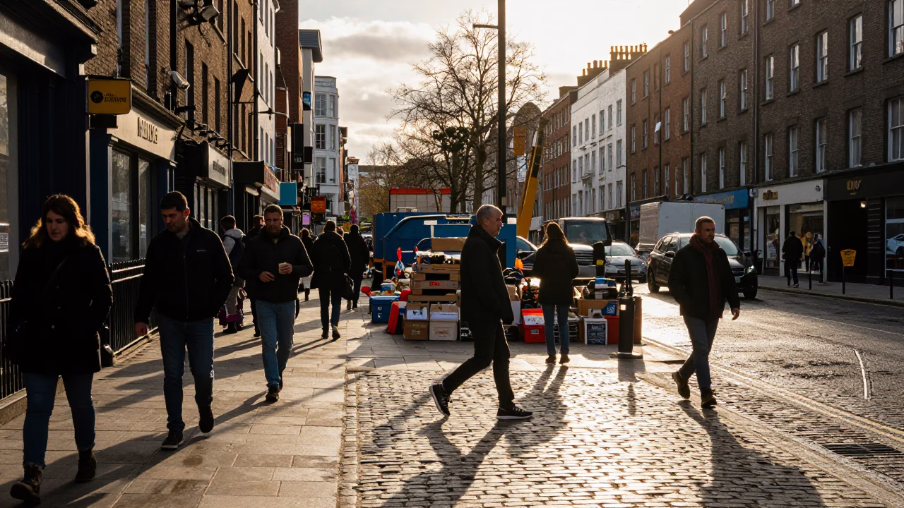 Busy Dublin Street Corner at Golden Hour with Construction and Market Goods in in Dublin, Ireland