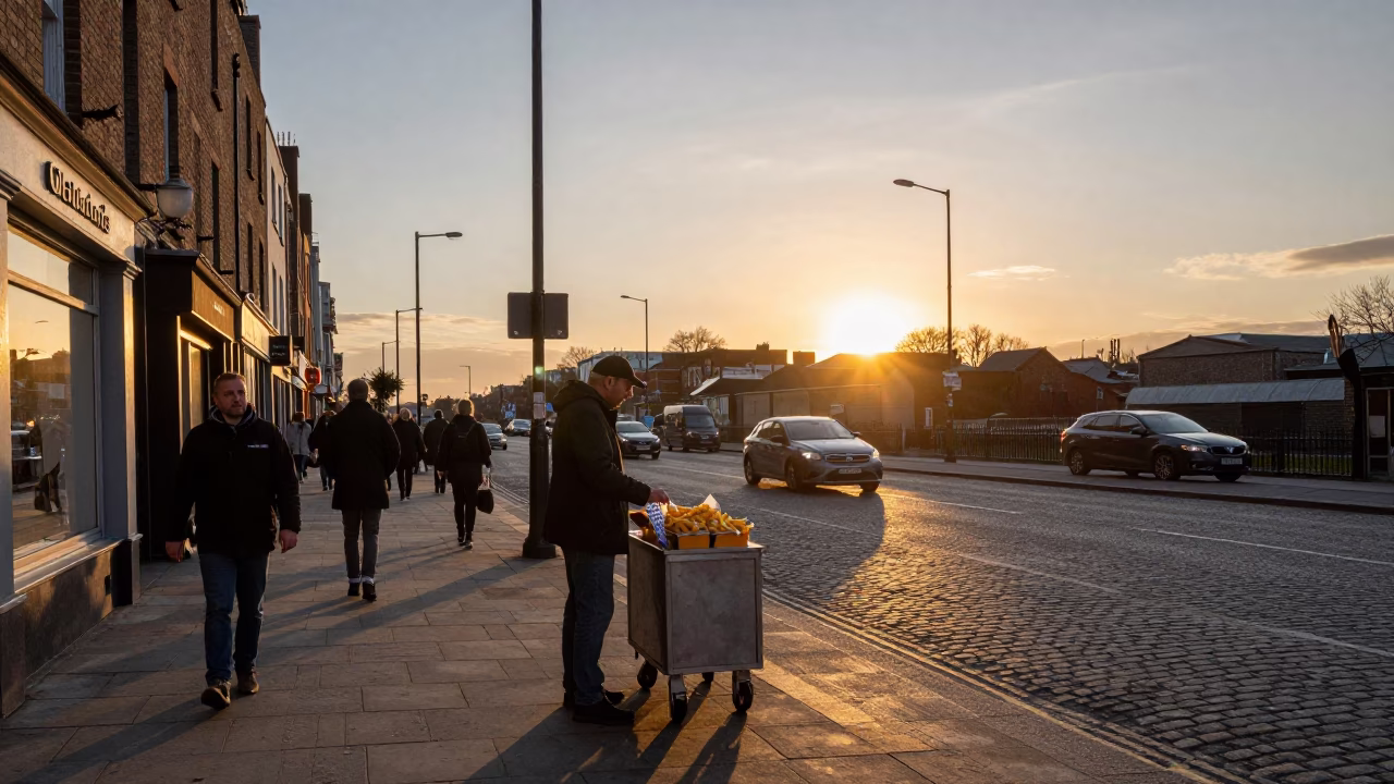Busy Dublin Street Corner at Sunset with Belgian Frites and Rusty Cup in in Dublin, Ireland