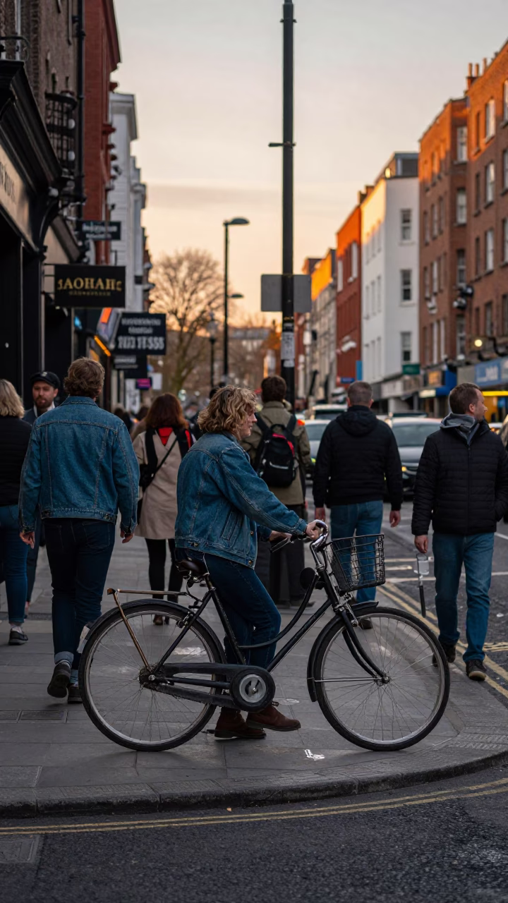 Busy Dublin Street Corner Early Evening Vintage Bicycle and Urban Life in Ireland in in Dublin, Ireland