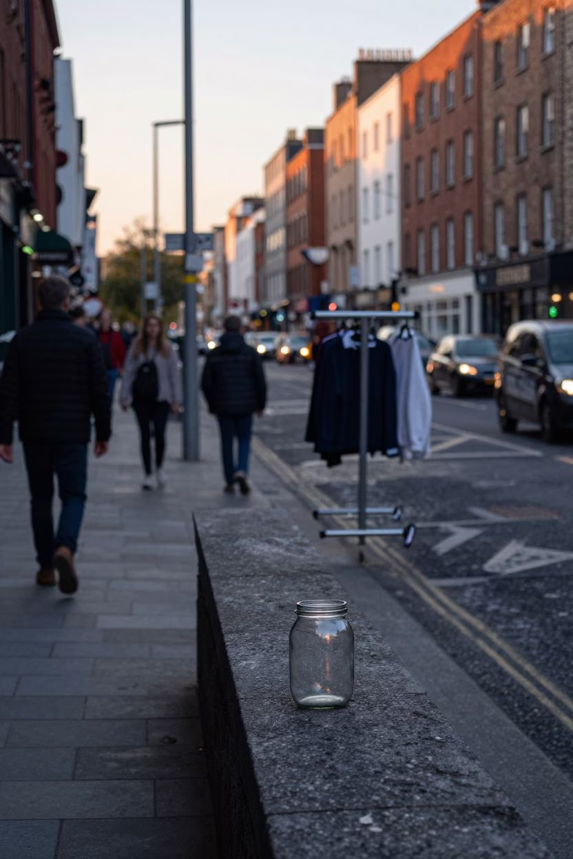 Busy Dublin Street Corner Early Evening with Drying Rack and Glass Jar in in Dublin, Ireland