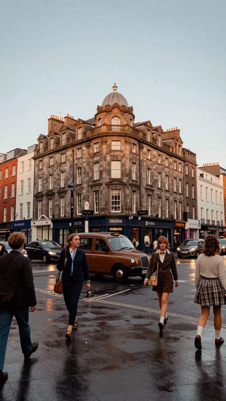 Busy Dublin Street Corner in Early Evening with Vintage 1970s Atmosphere and Local Life in in Dublin, Ireland