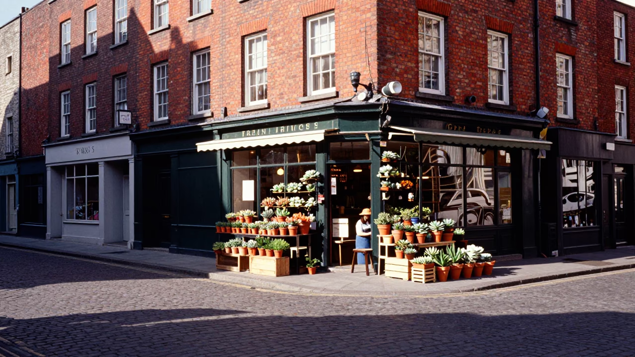 Busy Dublin Street Corner Late Afternoon Light With Local Shop Display in in Dublin, Ireland