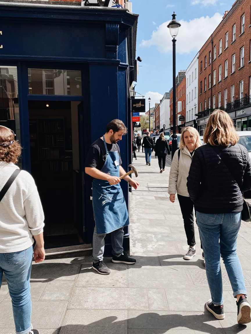 Busy Dublin Street Corner Midday with Apron and Scratched Tile Detail in in Dublin, Ireland