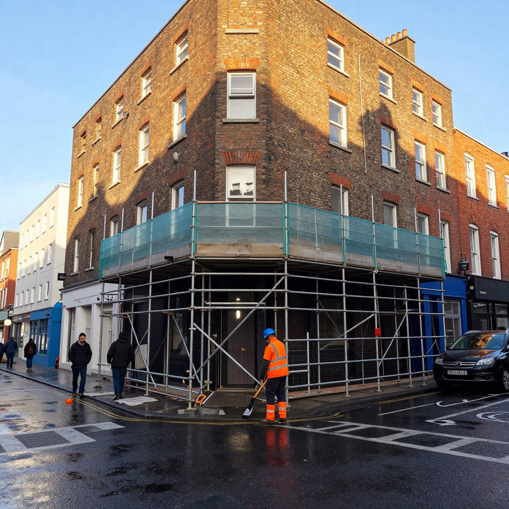 Busy Dublin Street Corner with Mason Scaffolding and Wet Mortar in Late Afternoon Light in in Dublin, Ireland