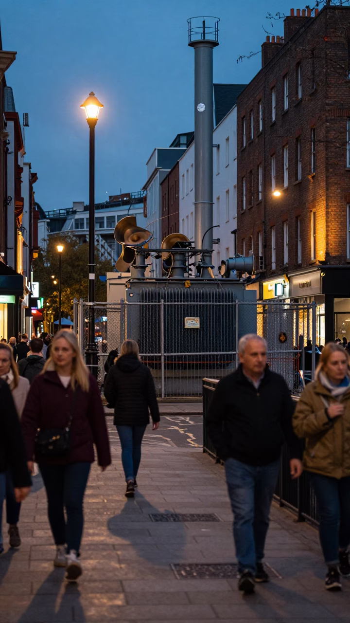 Busy Dublin Street Scene at Dusk with Substation and Thermometer in in Dublin, Ireland