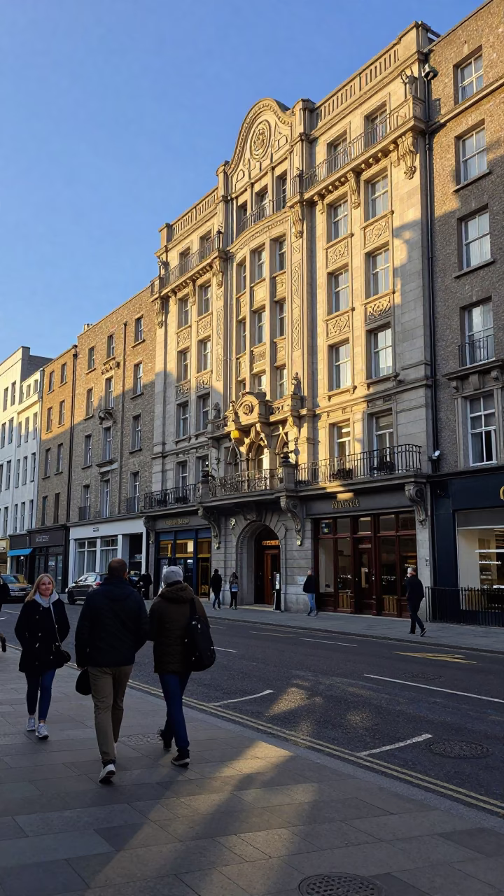 Busy Dublin Street Scene at First Light with Art Deco Hotel Facade and Commuters in in Dublin, Ireland