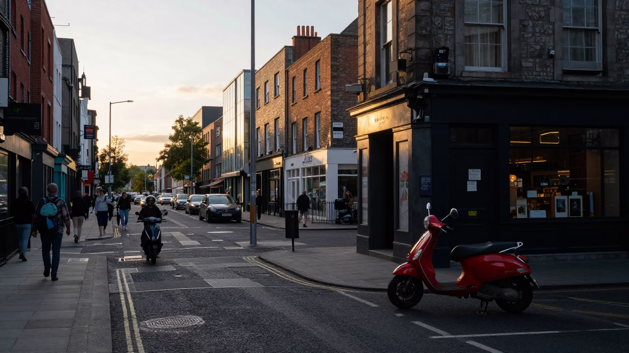 Busy Dublin Street Scene at Golden Hour with Scooter and Spirit Level in in Dublin, Ireland