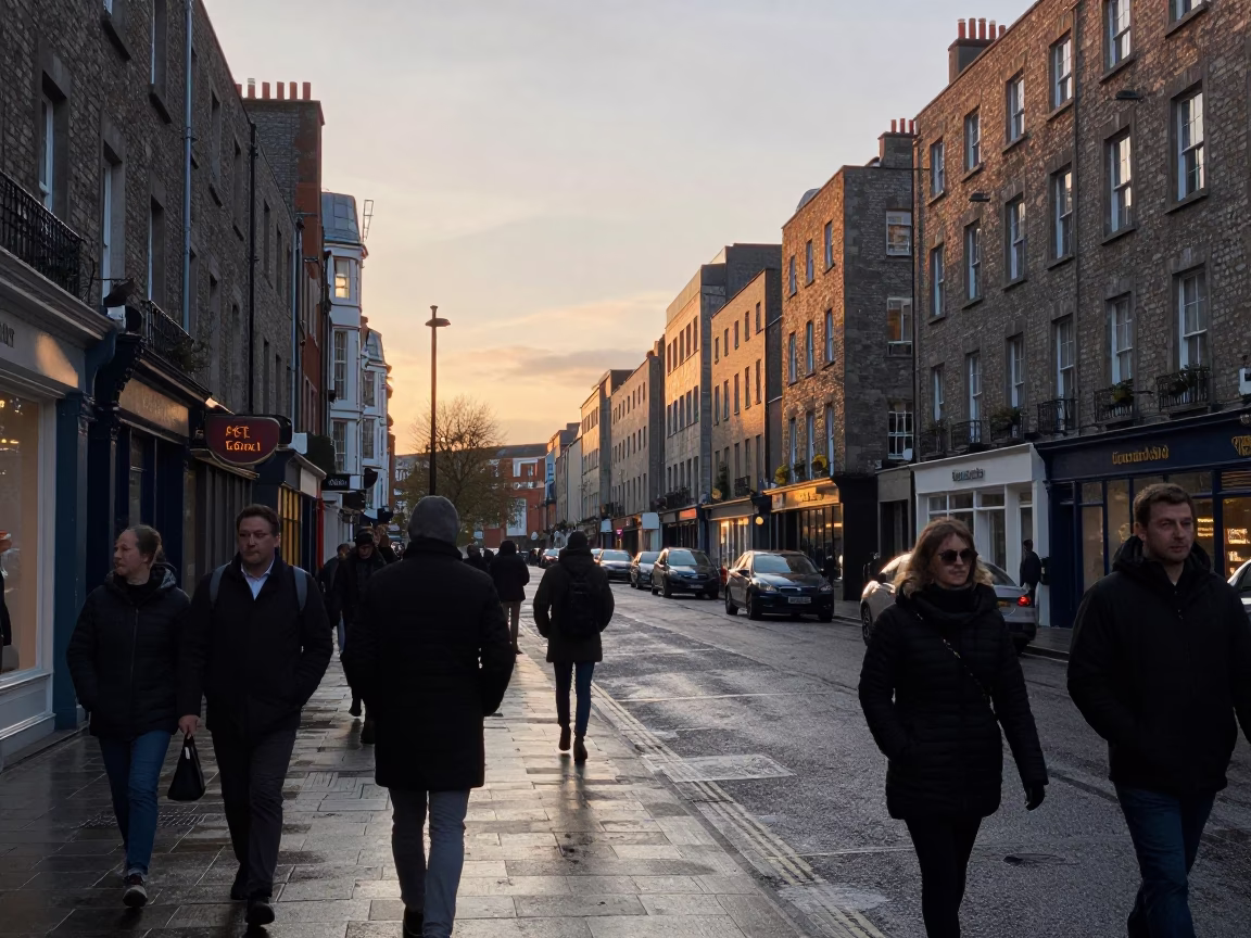 Busy Dublin Street Scene at Nautical Dawn with Pedestrians and Vintage Architecture in in Dublin, Ireland