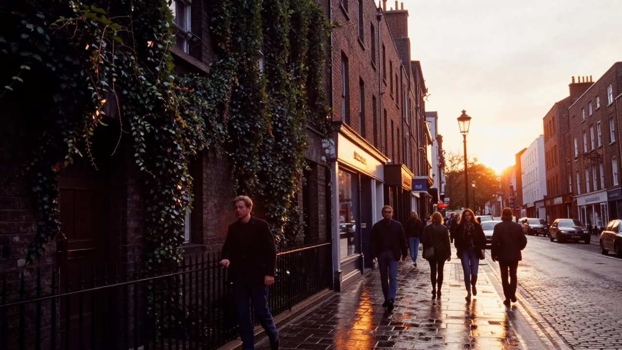 Busy Dublin Street Scene at Sunset with Brick Walls and Railway Viaduct in in Dublin, Ireland