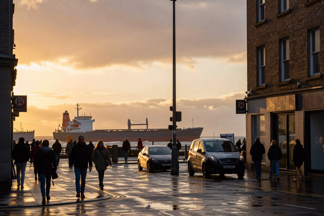 Busy Dublin Street Scene at Sunset with Cargo Ship Horizon and Frayed Rope Details in in Dublin, Ireland