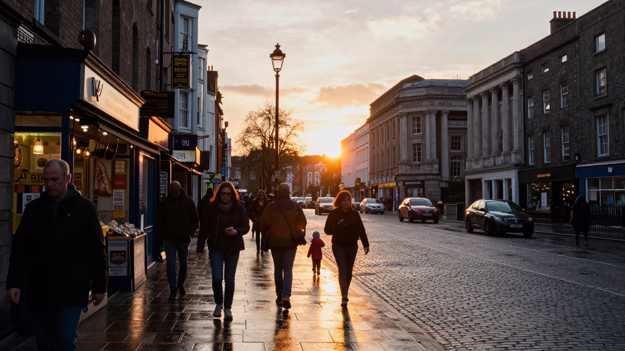 Busy Dublin Street Scene at Sunset with Food and University Life in in Dublin, Ireland