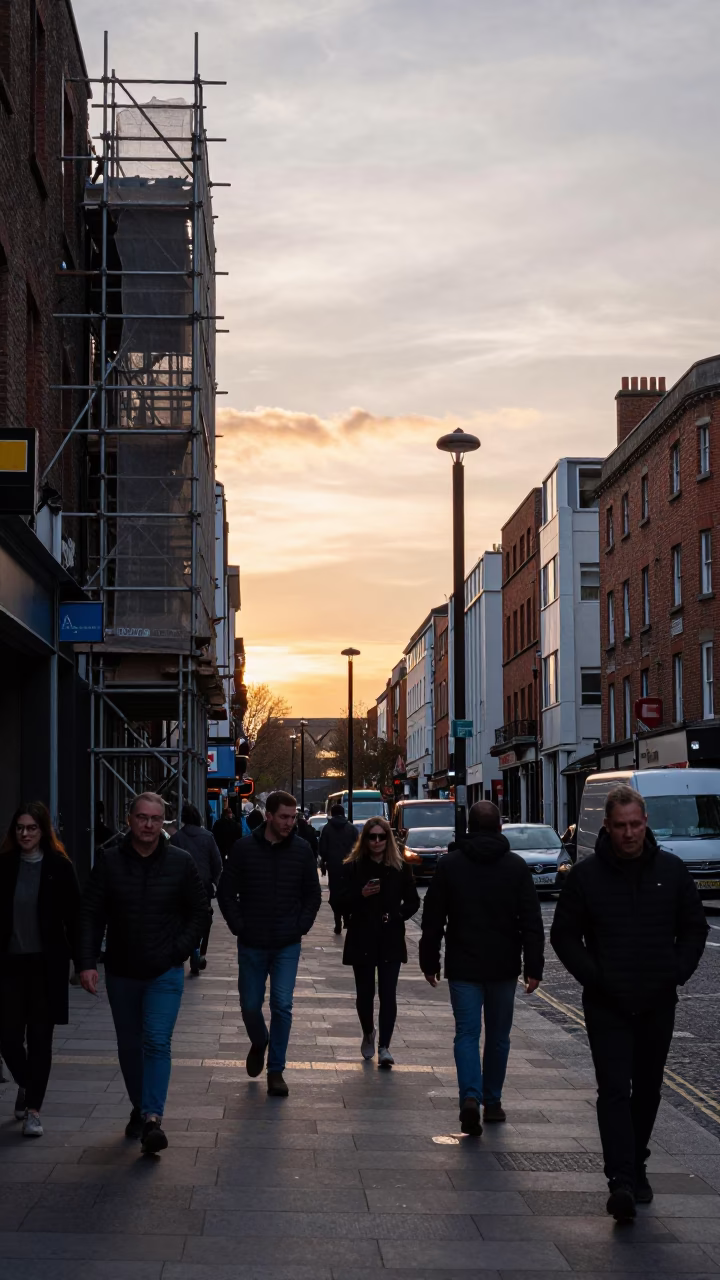 Busy Dublin Street Scene at Sunset with Scaffolding and Local Life in in Dublin, Ireland