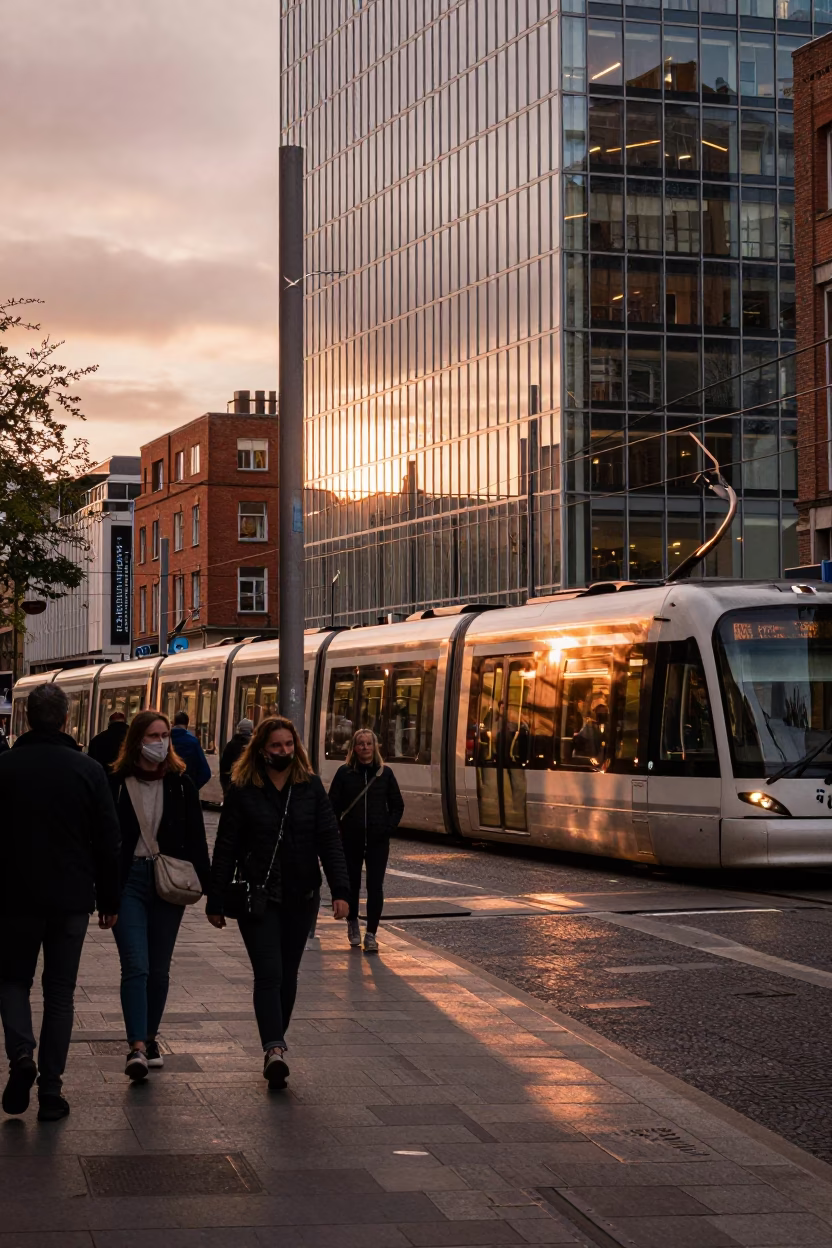 Busy Dublin Street Scene Before Dusk with Monorail Reflection and Urban Activity in in Dublin, Ireland