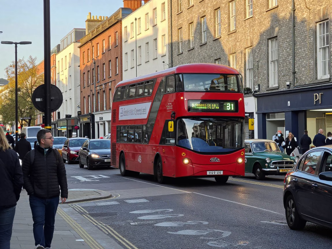 Busy Dublin Street Scene Early Afternoon with Red Bus and Pedestrians in in Dublin, Ireland