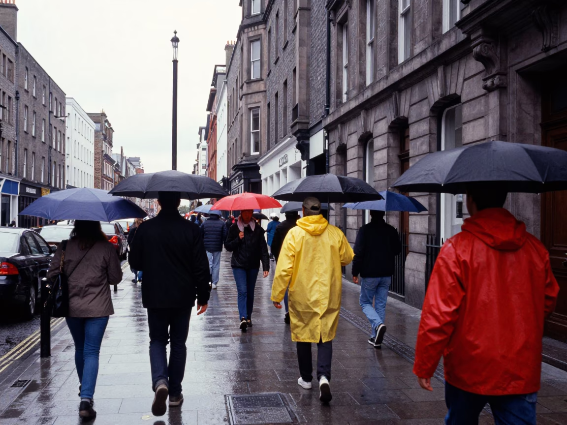 Busy Dublin Street Scene Early Afternoon with Umbrellas and Raincoats in Ireland in in Dublin, Ireland